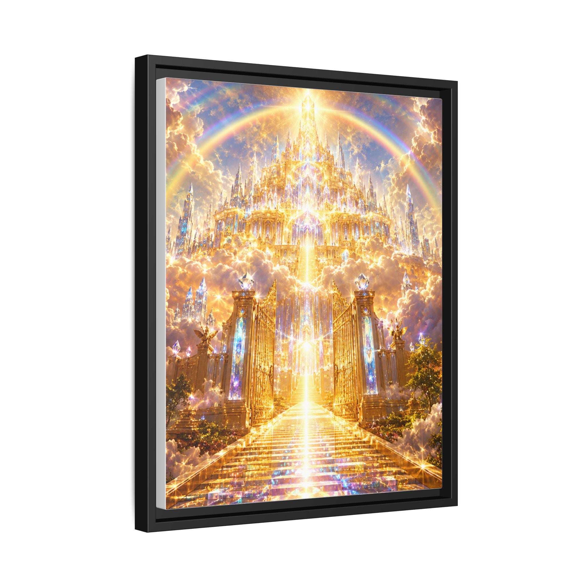 Heavenly Gateway Matte Framed Canvas — Golden Rainbow Spiritual Wall Art