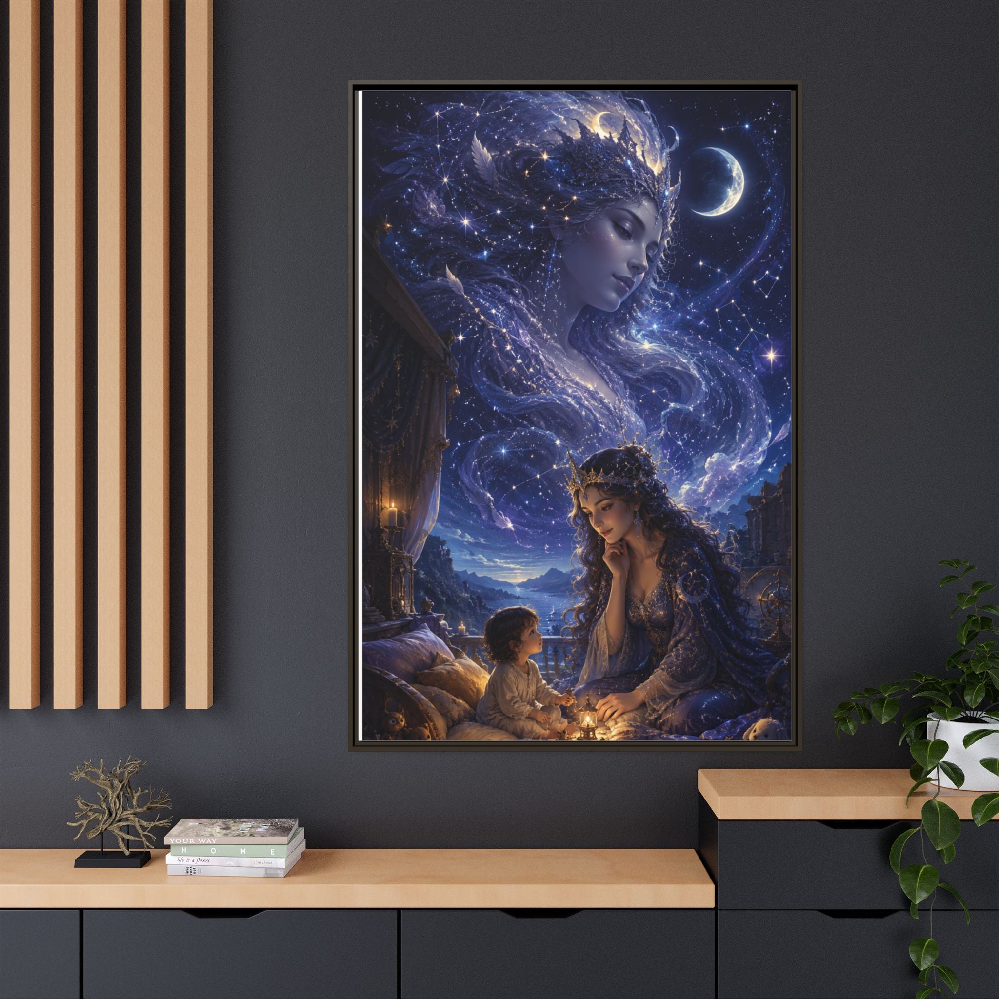 Framed Matte Canvas — Mystical Moon Mother & Child Nightscape Wall Art