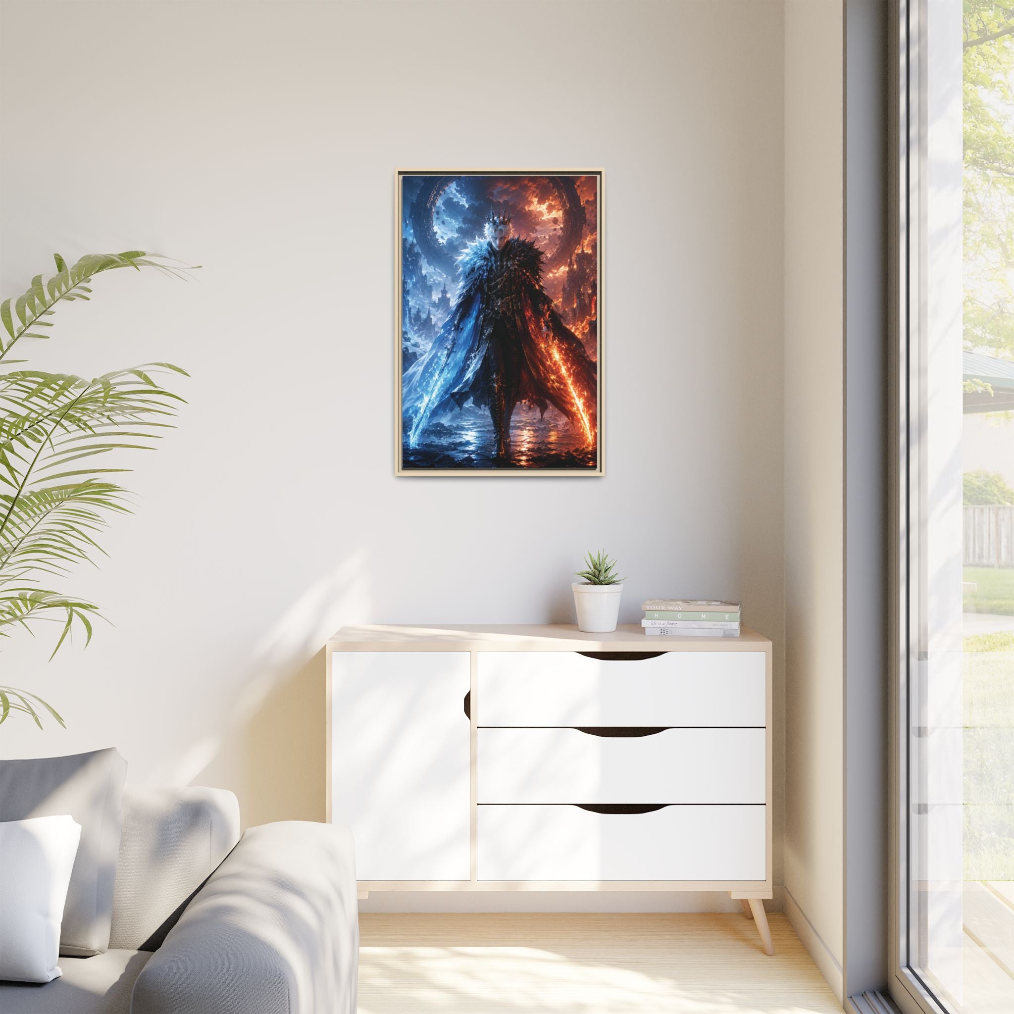 Framed Fantasy Canvas Print — Ice vs Fire Dark Knight Wall Art