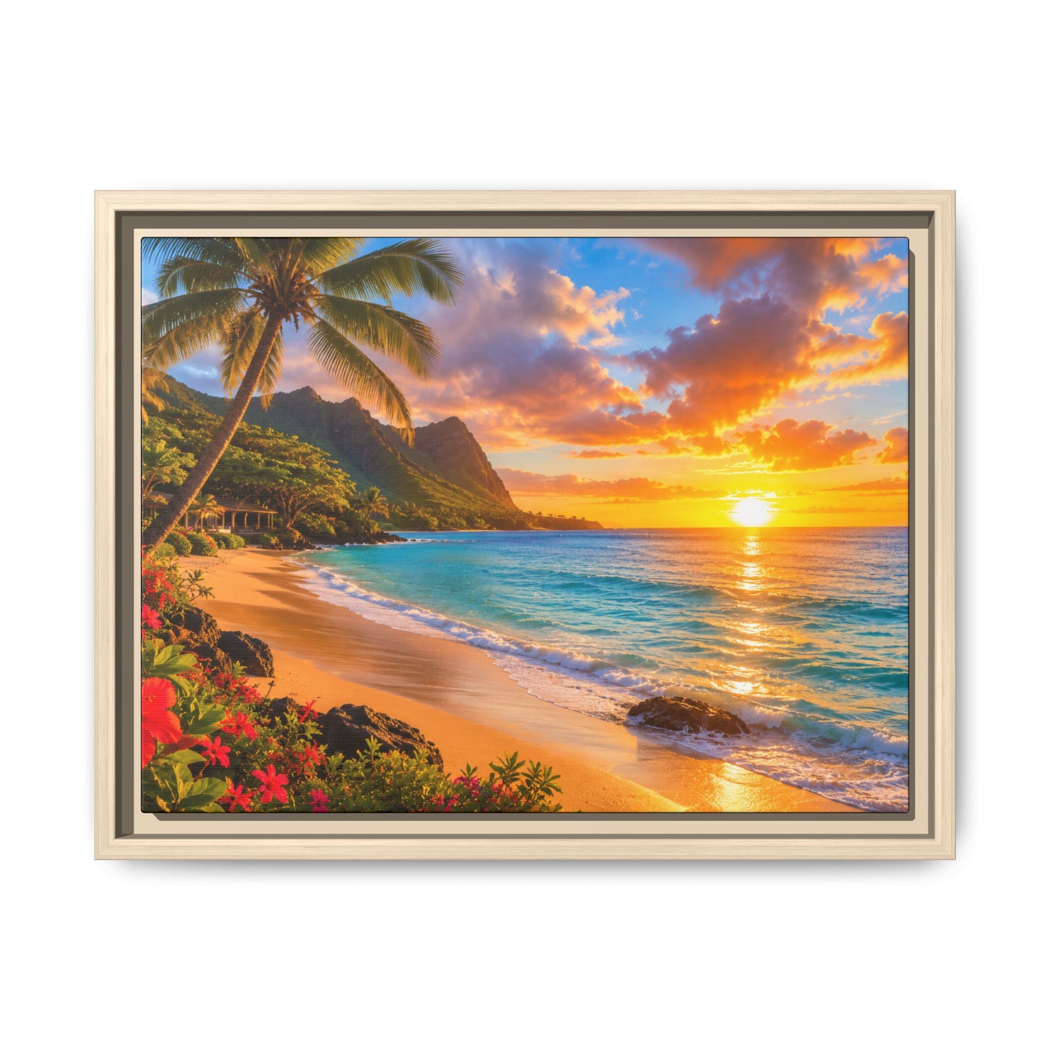 Framed Tropical Sunset Beach Canvas — Matte Wall Art