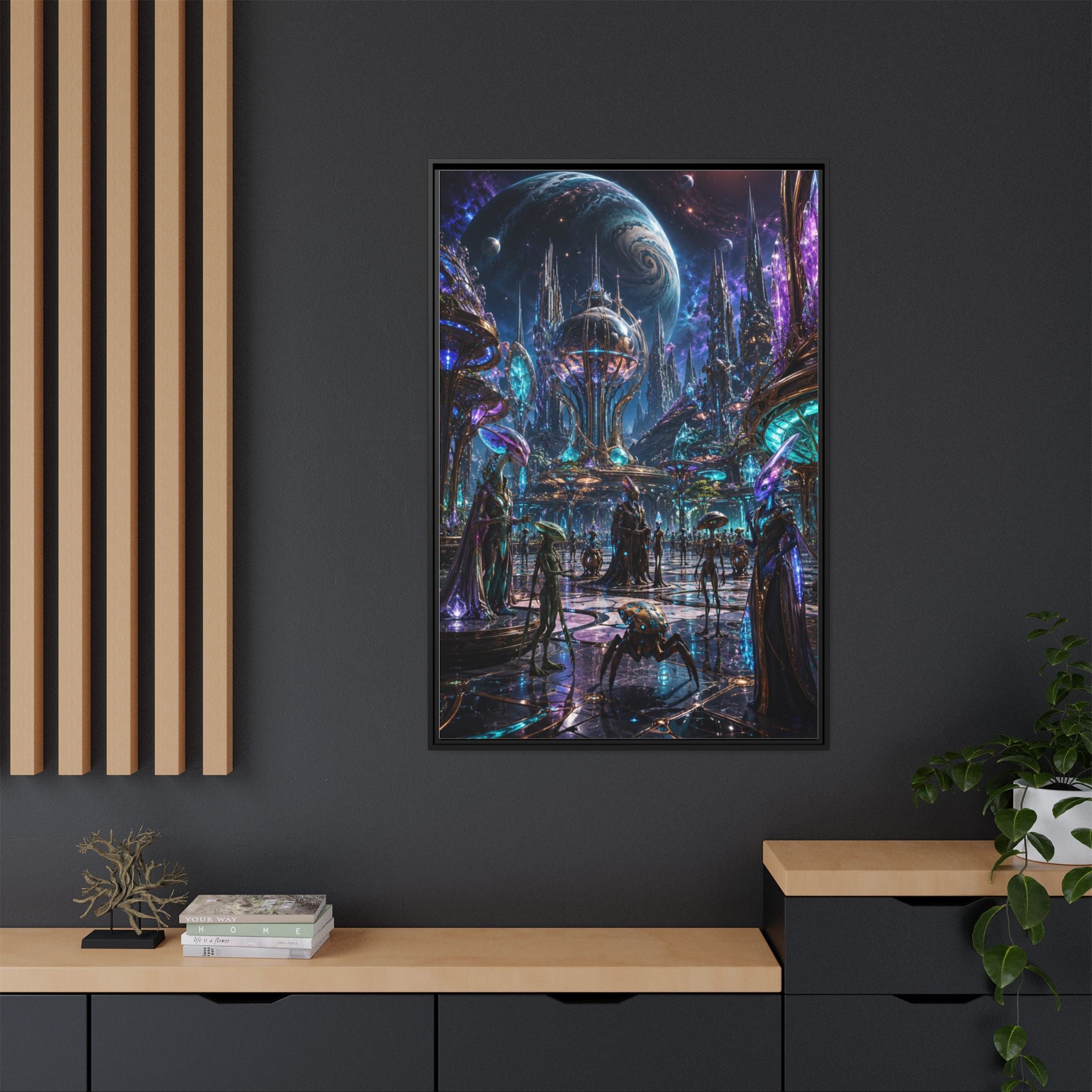 Framed Matte Canvas - Neon Sci‑Fi Cityscape Wall Art