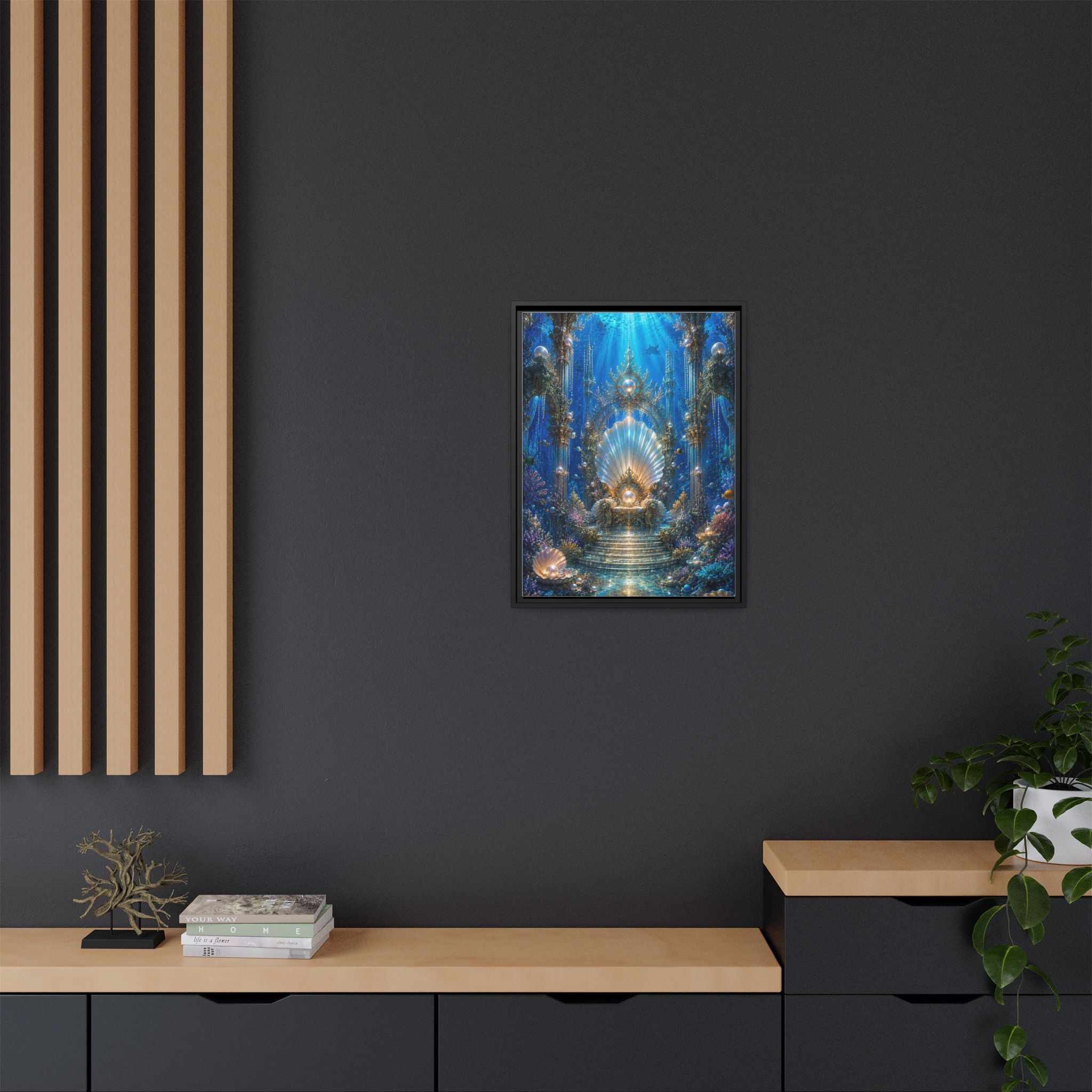 Underwater Palace Framed Canvas Art — Mermaid Throne Ocean Fantasy Print