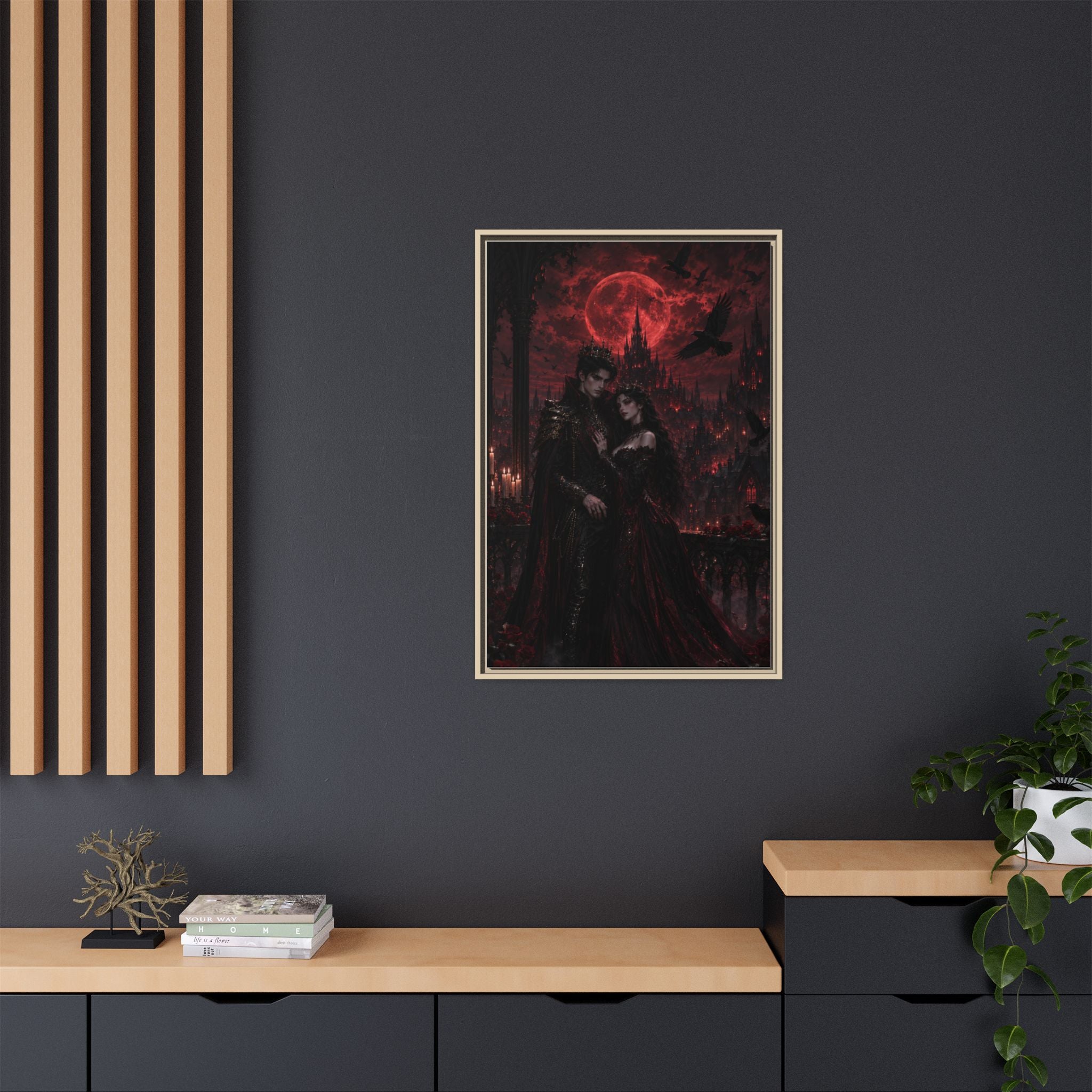 Vampire Lovers Matte Framed Canvas — Gothic Red Moon Wall Art