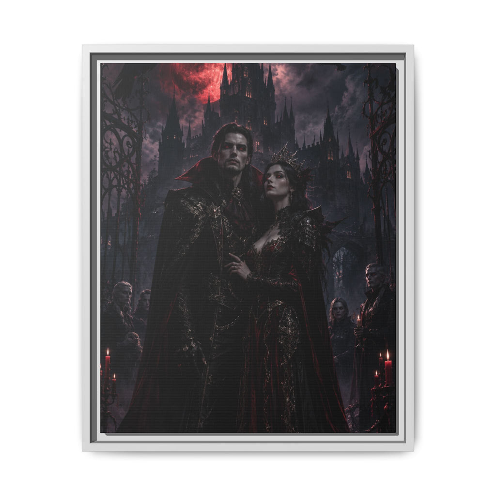 Vampire Couple Matte Framed Canvas Art – Gothic Red Moon Wall Decor