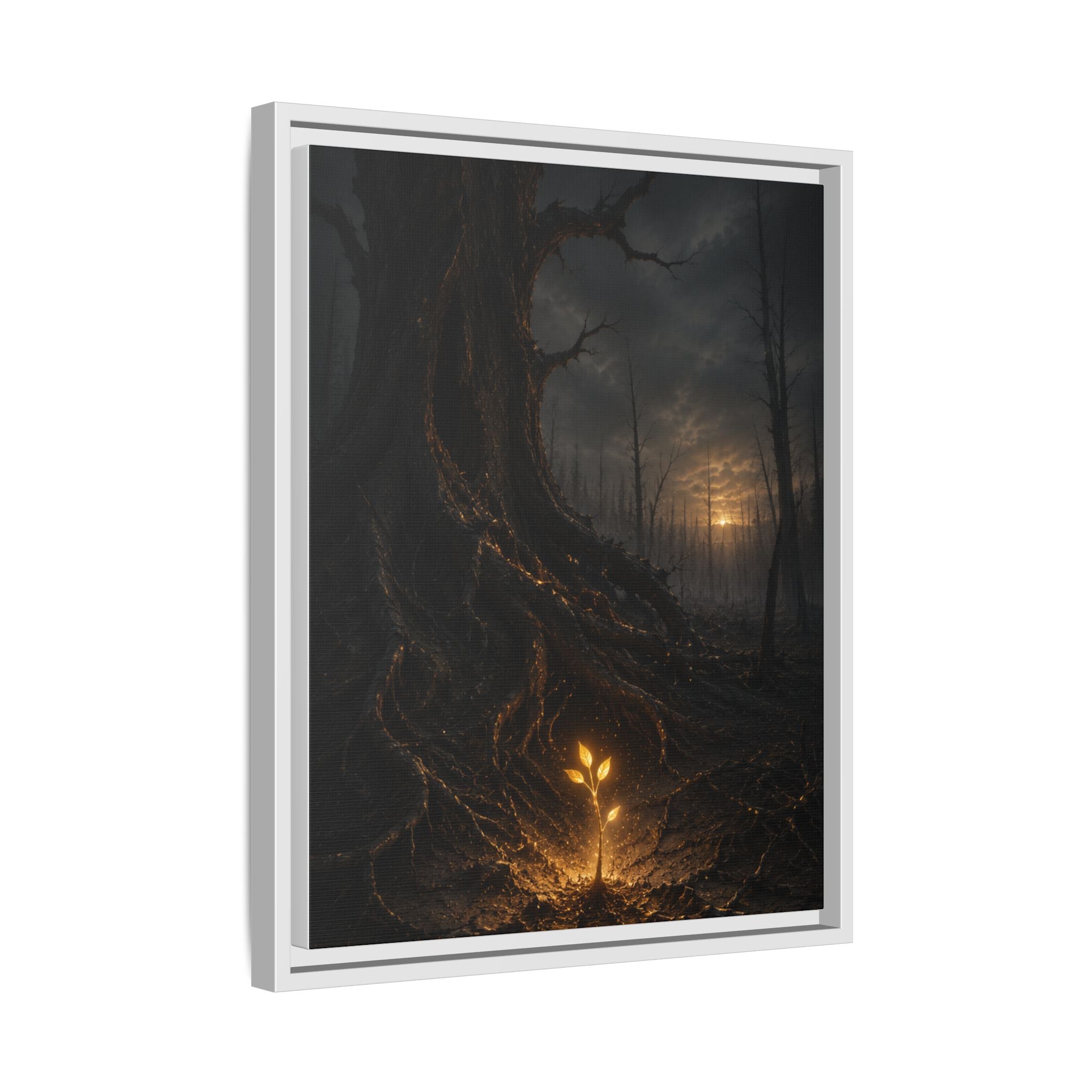 Framed Matte Canvas — Glow Sprout in Dark Forest (Ethereal Fantasy Wall Art)