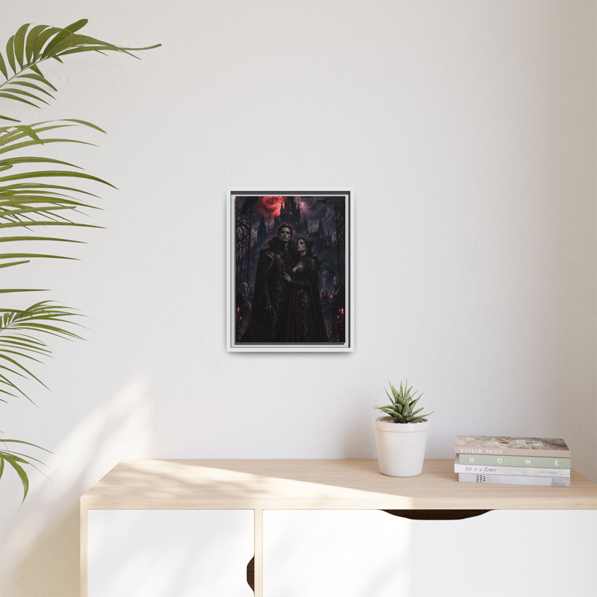 Vampire Couple Matte Framed Canvas Art – Gothic Red Moon Wall Decor