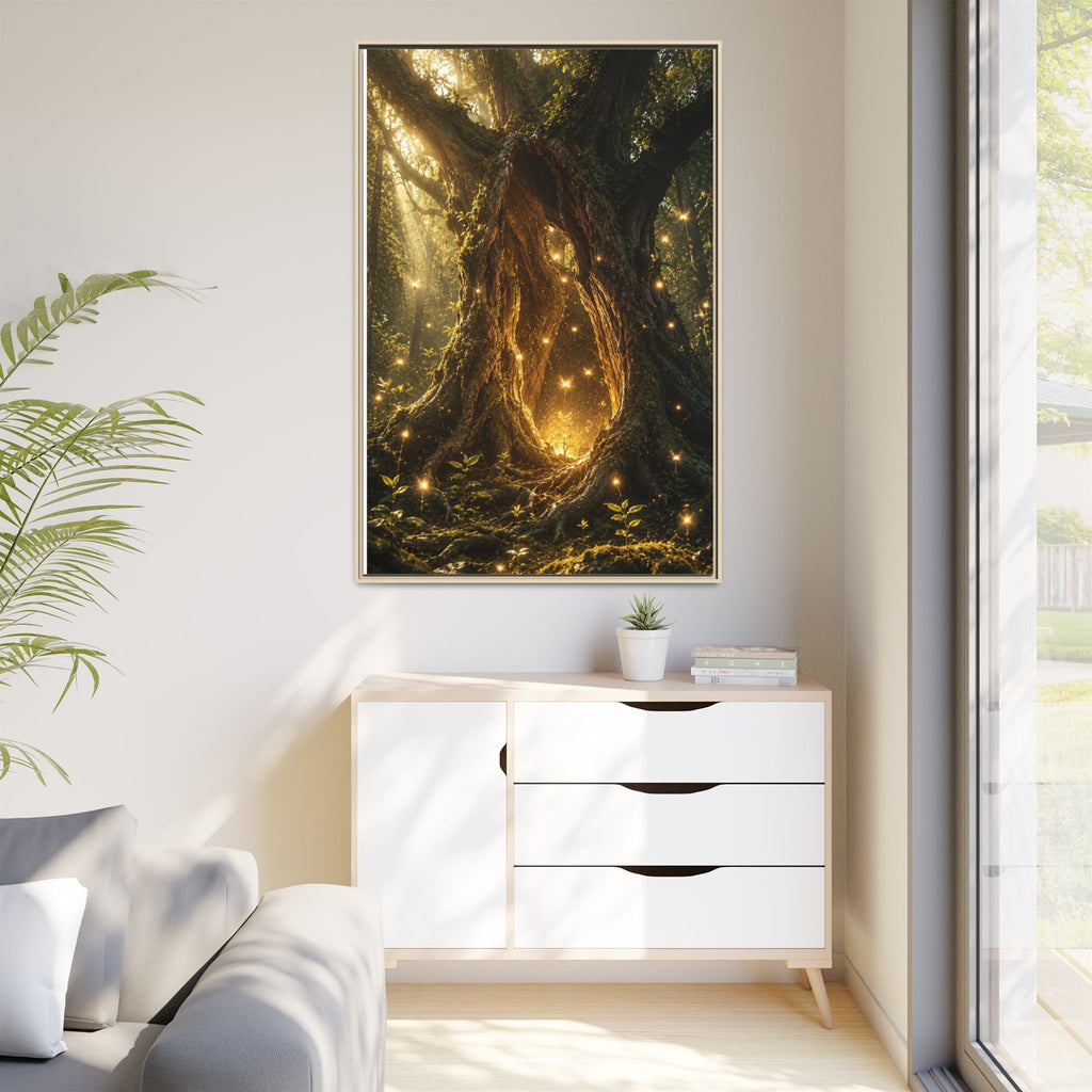 Framed Canvas Art - Enchanted Forest Tree with Glowing Fireflies