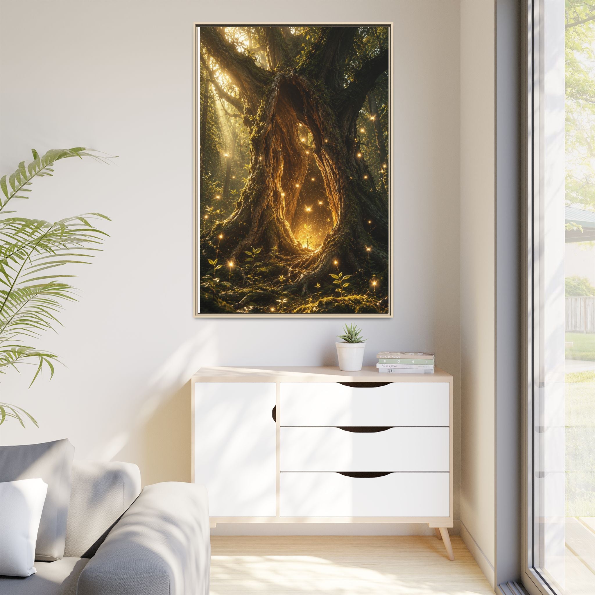Framed Canvas Art - Enchanted Forest Tree with Glowing Fireflies