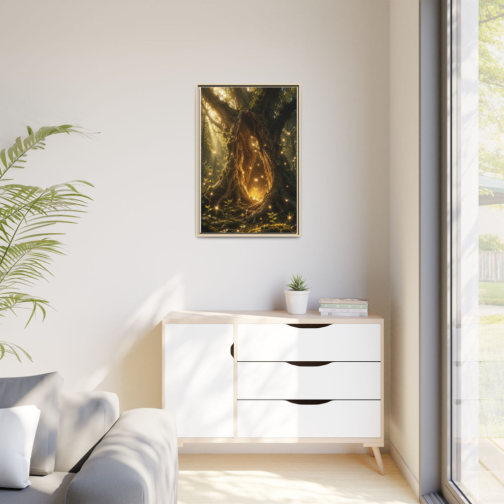 Framed Canvas Art - Enchanted Forest Tree with Glowing Fireflies