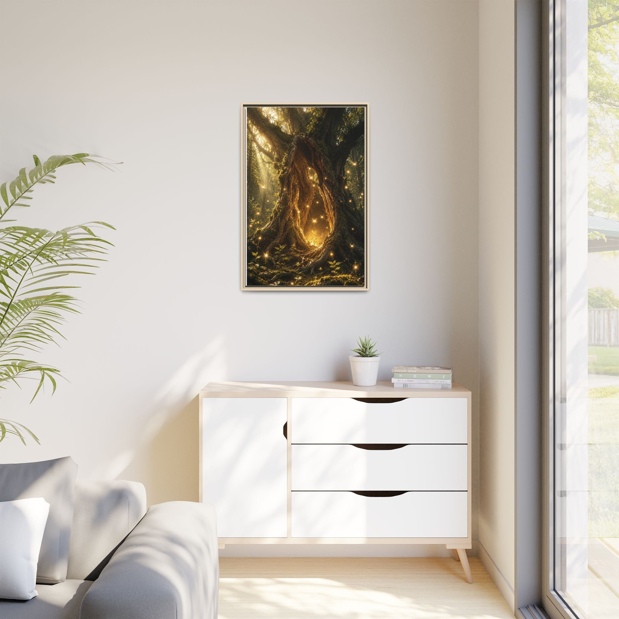 Framed Canvas Art - Enchanted Forest Tree with Glowing Fireflies