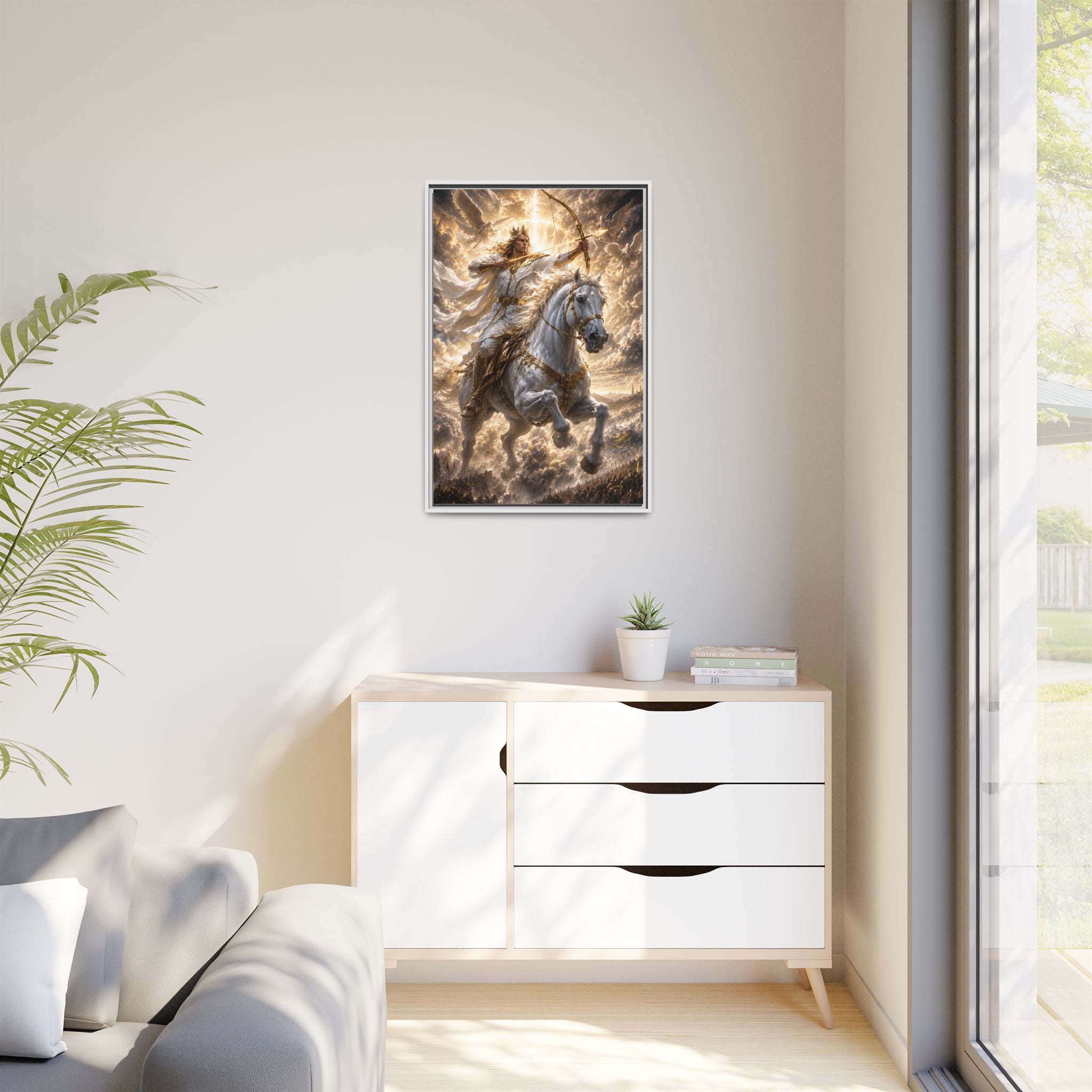 Mythic Warrior on White Steed — Framed Matte Canvas Wall Art