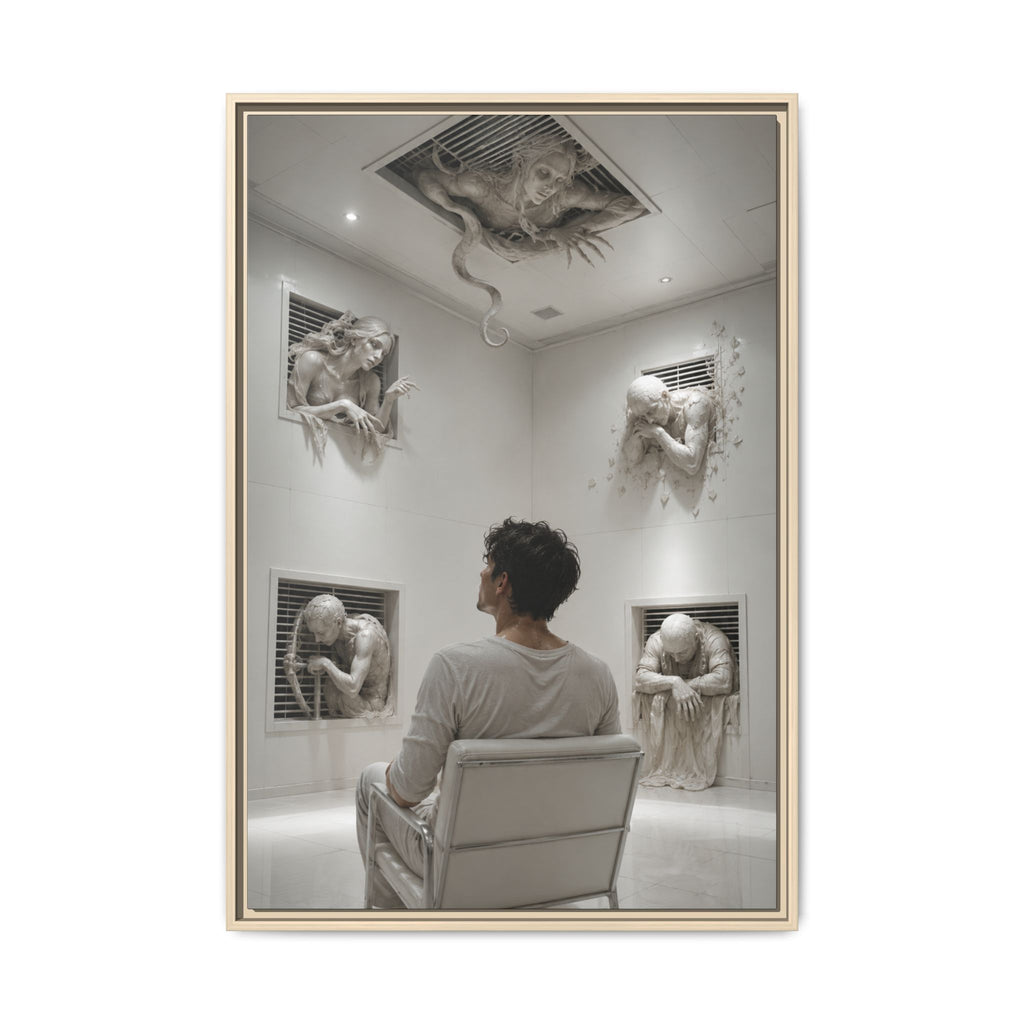 Surreal Wall Art Print — Man in Gallery with Sculpted Figures, Fine Art Paper Print