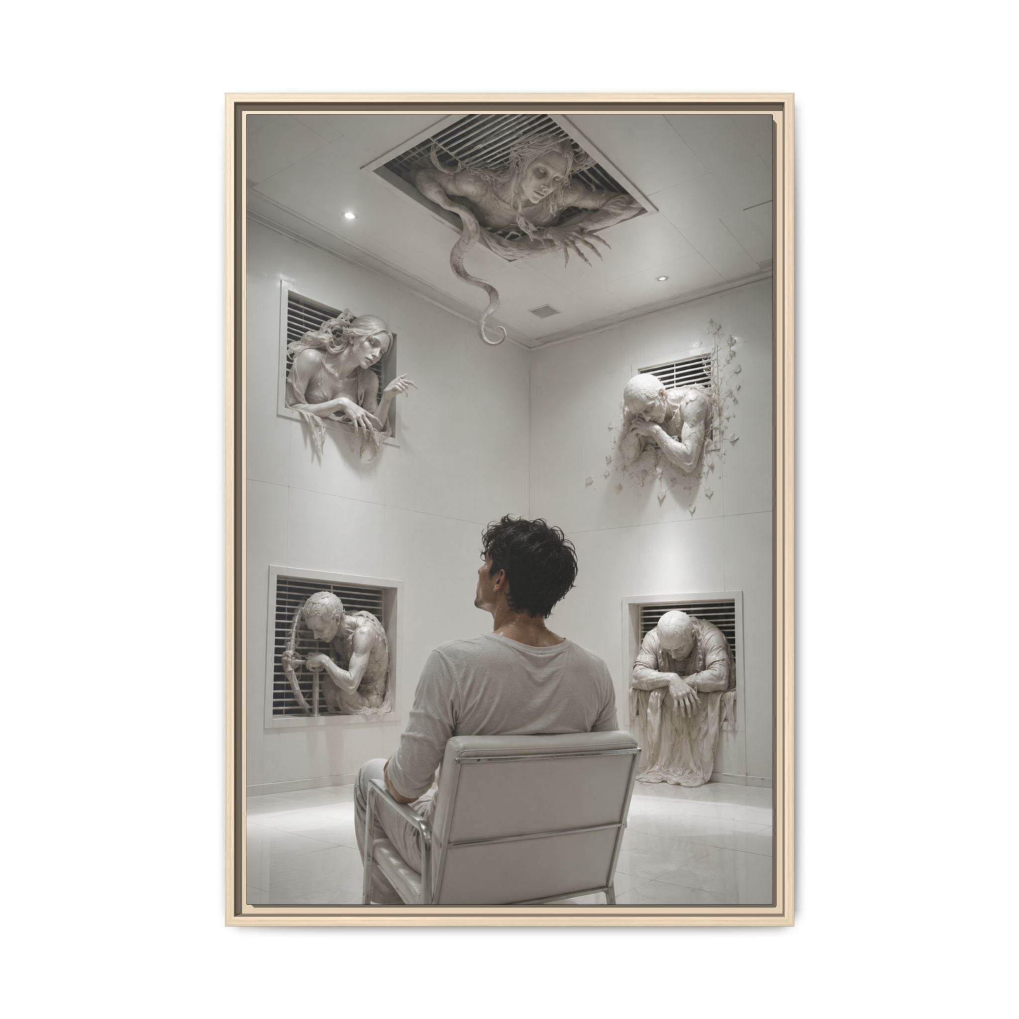 Surreal Wall Art Print — Man in Gallery with Sculpted Figures, Fine Art Paper Print