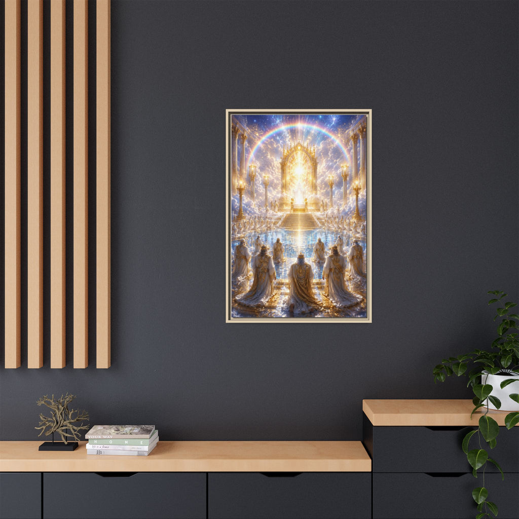 Heavenly Throne Room Matte Framed Canvas — Golden Angelic Realm Wall Art