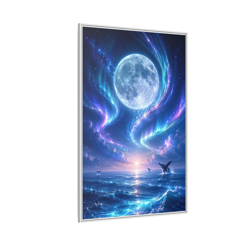 Framed Canvas Art - Lunar Aurora Ocean Scene