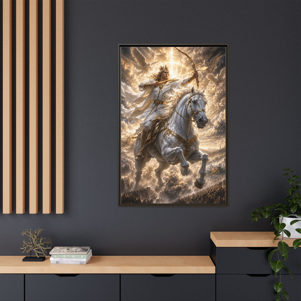 Mythic Warrior on White Steed — Framed Matte Canvas Wall Art