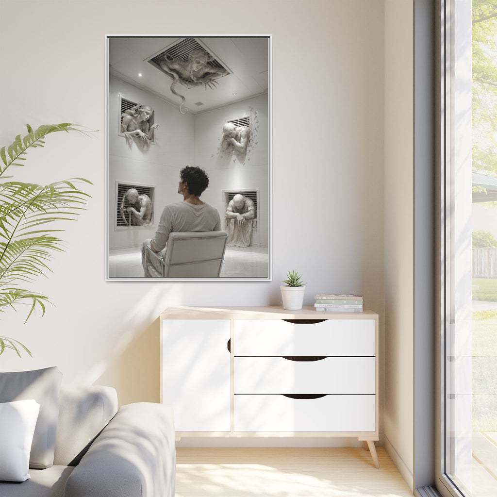 Surreal Wall Art Canvas — Man in Gallery with Sculpted Figures, Framed Matte Print