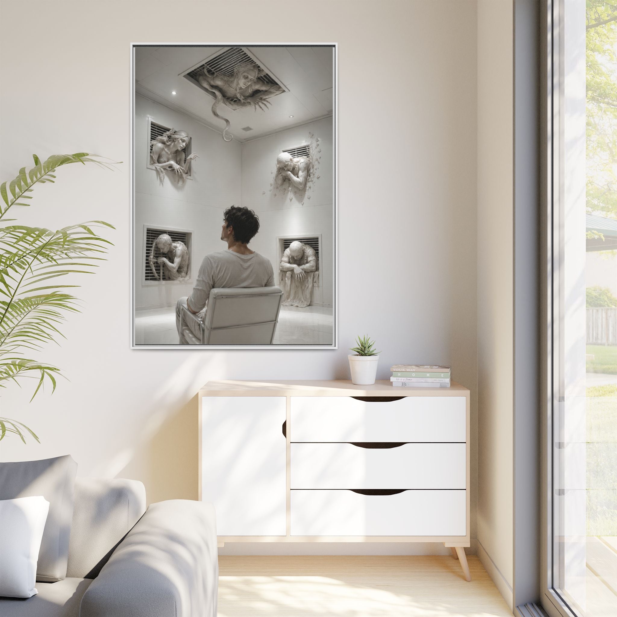 Surreal Wall Art Canvas — Man in Gallery with Sculpted Figures, Framed Matte Print