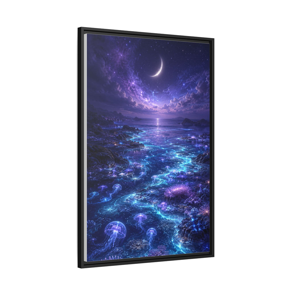 Framed Canvas Art — Bioluminescent Moonlit Ocean Scene