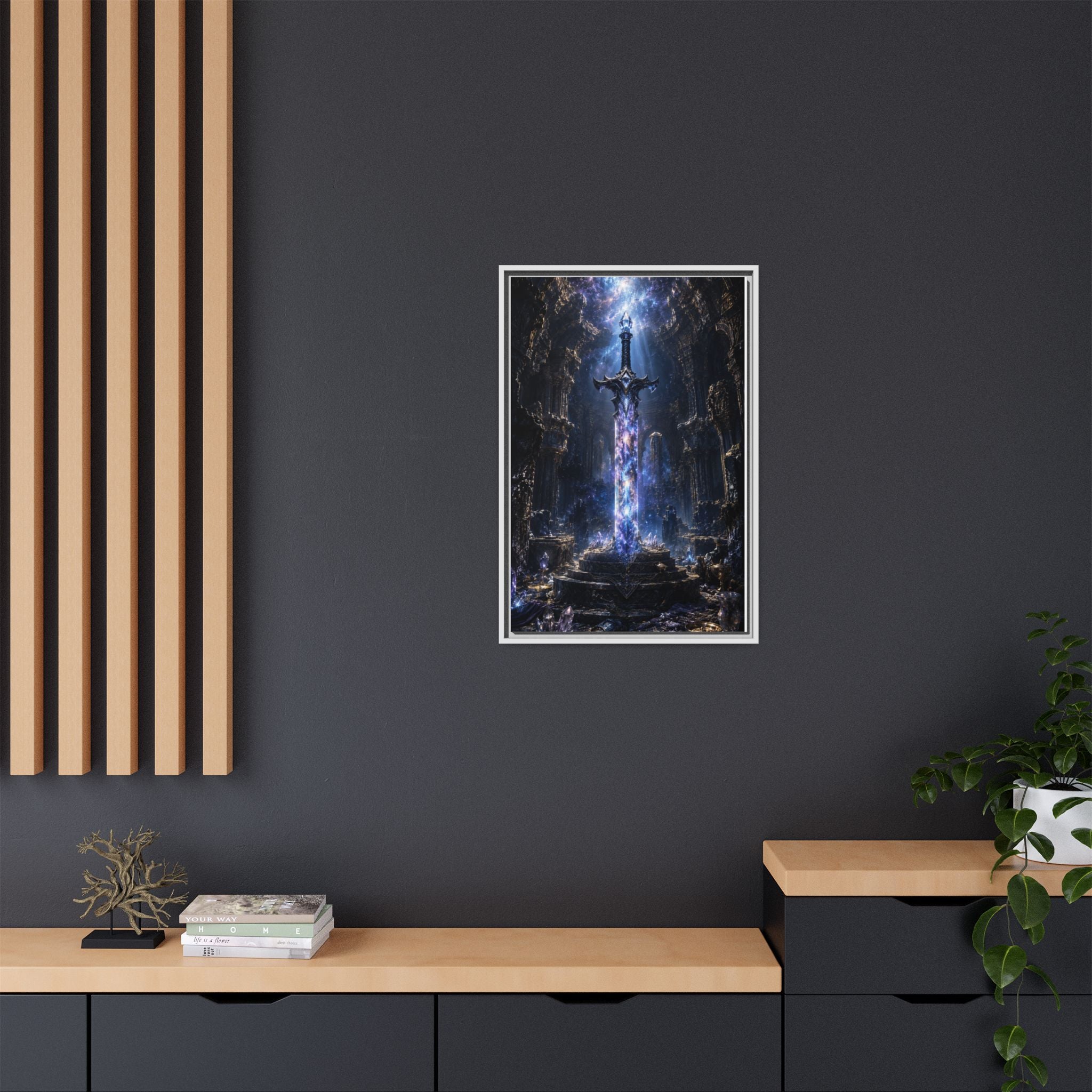 Framed Fantasy Sword Canvas — Mystical Glowing Blade Wall Art