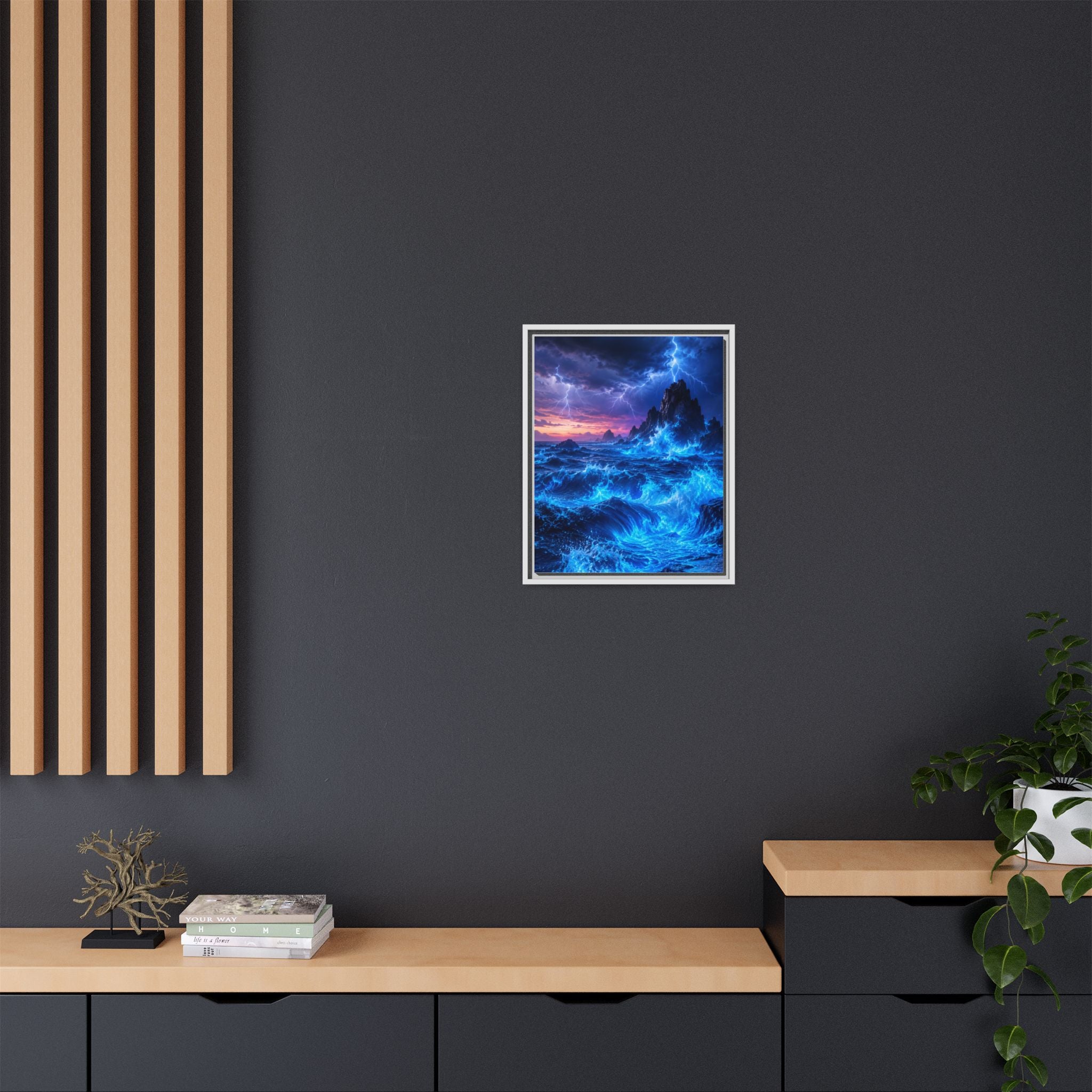 Framed Matte Canvas Art — Electric Stormy Ocean Landscape