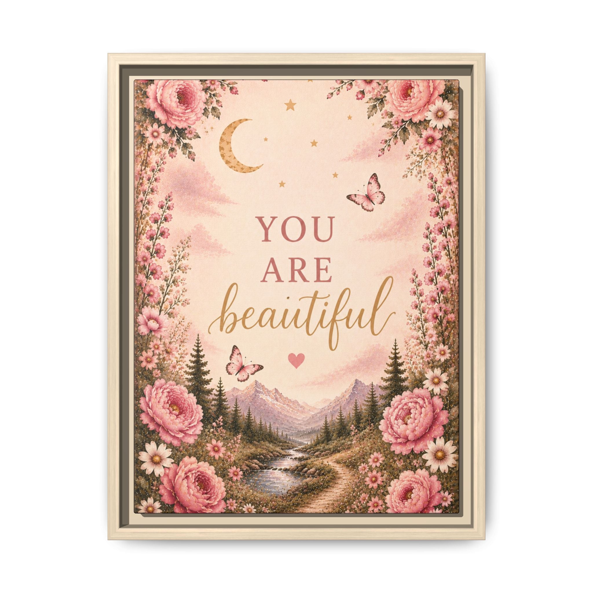 You Are Beautiful framed canvas print | Floral landscape wall art