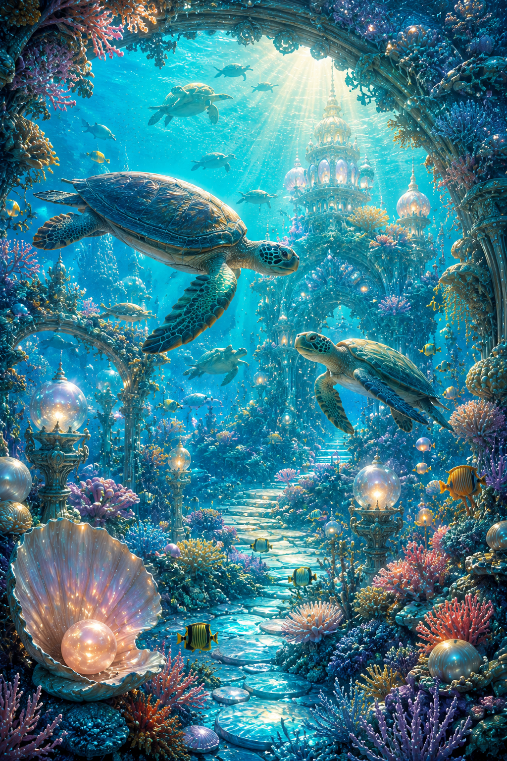 Fine Art Paper Print - Enchanted Sea Turtle Underwater Fantasy