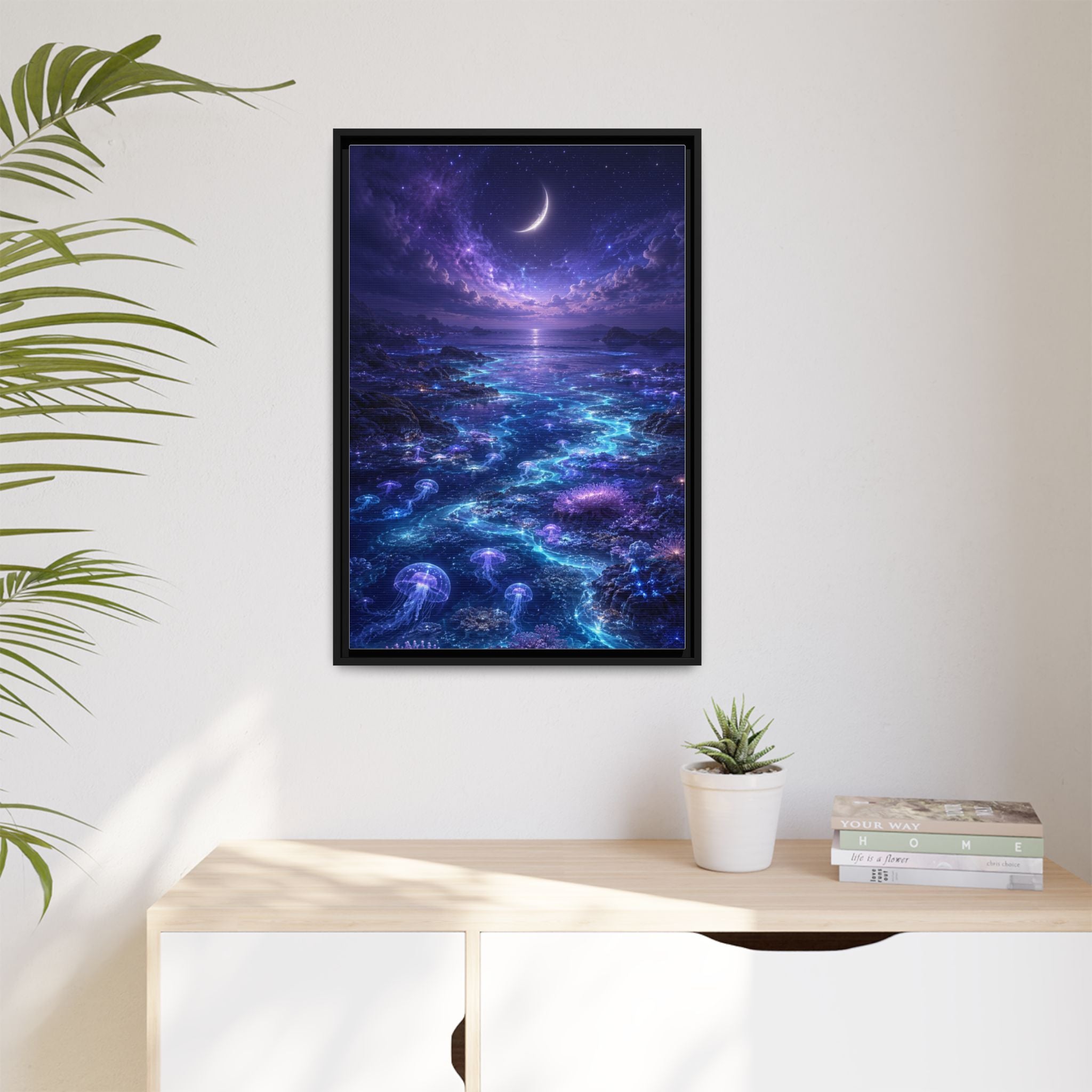 Framed Canvas Art — Bioluminescent Moonlit Ocean Scene
