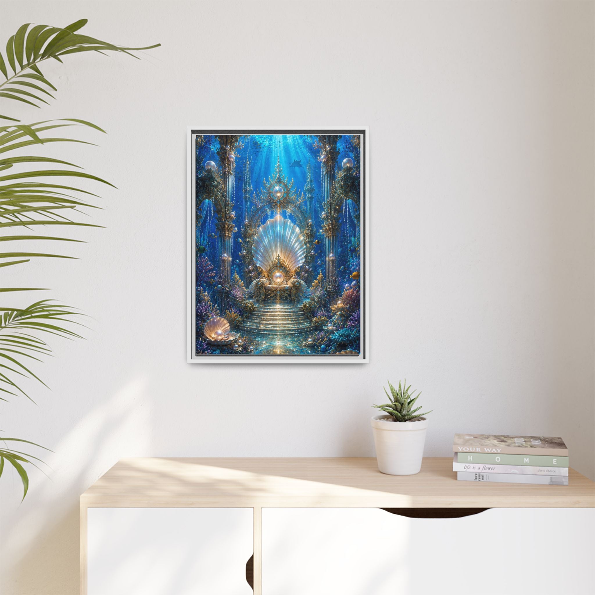 Underwater Palace Framed Canvas Art — Mermaid Throne Ocean Fantasy Print