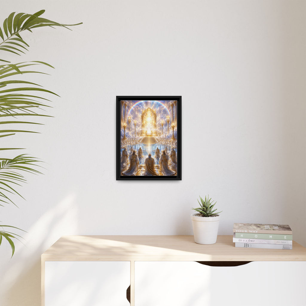 Heavenly Throne Room Matte Framed Canvas — Golden Angelic Realm Wall Art