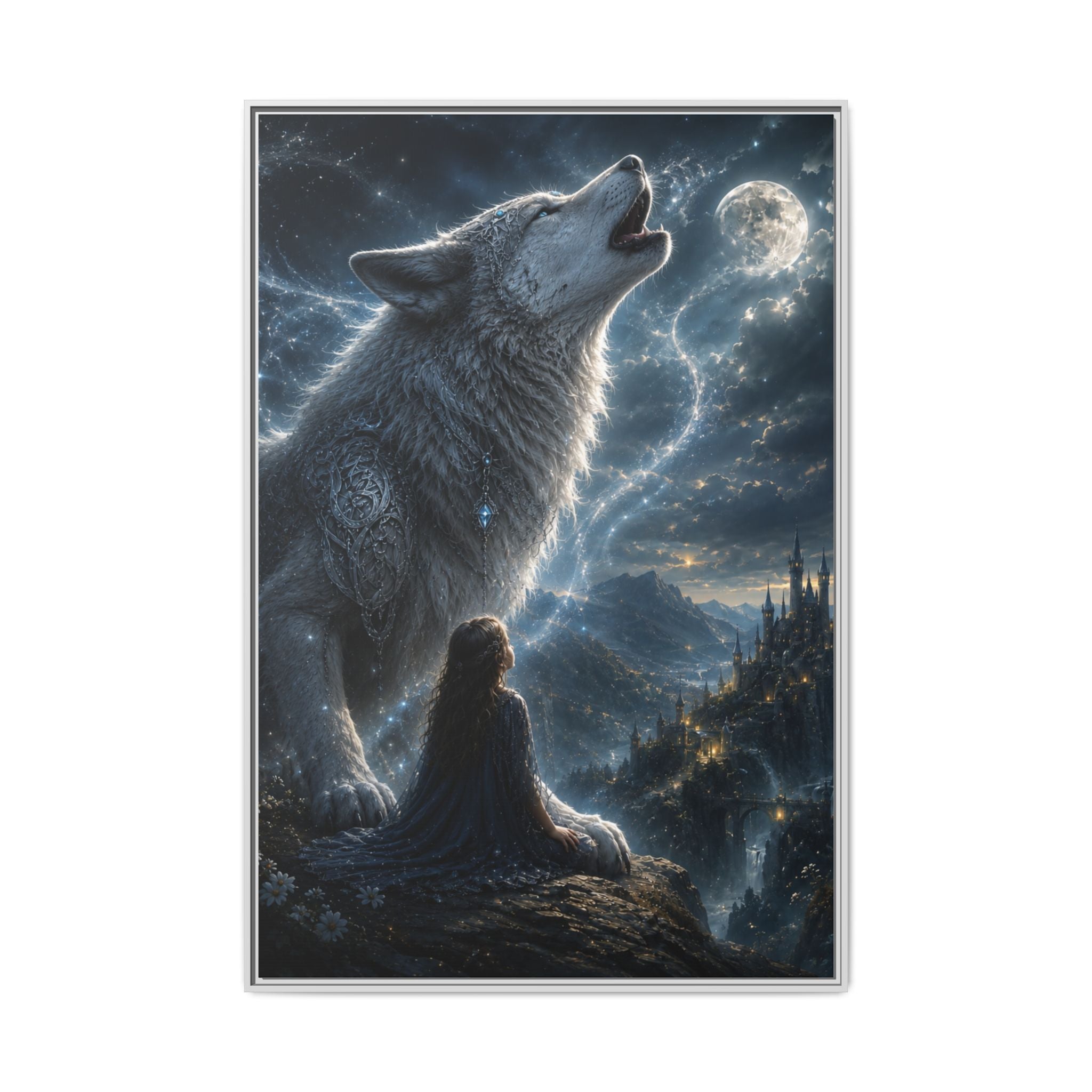 Howling Wolf Moon Matte Canvas Print — Framed Fantasy Wall Art