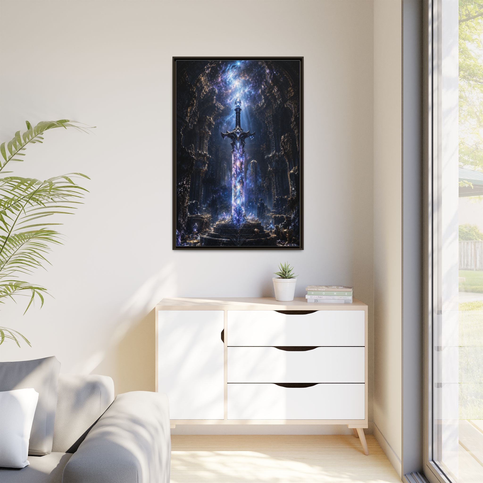 Framed Fantasy Sword Canvas — Mystical Glowing Blade Wall Art