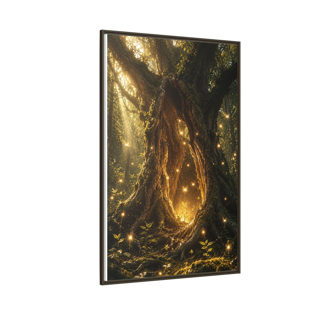 Framed Canvas Art - Enchanted Forest Tree with Glowing Fireflies