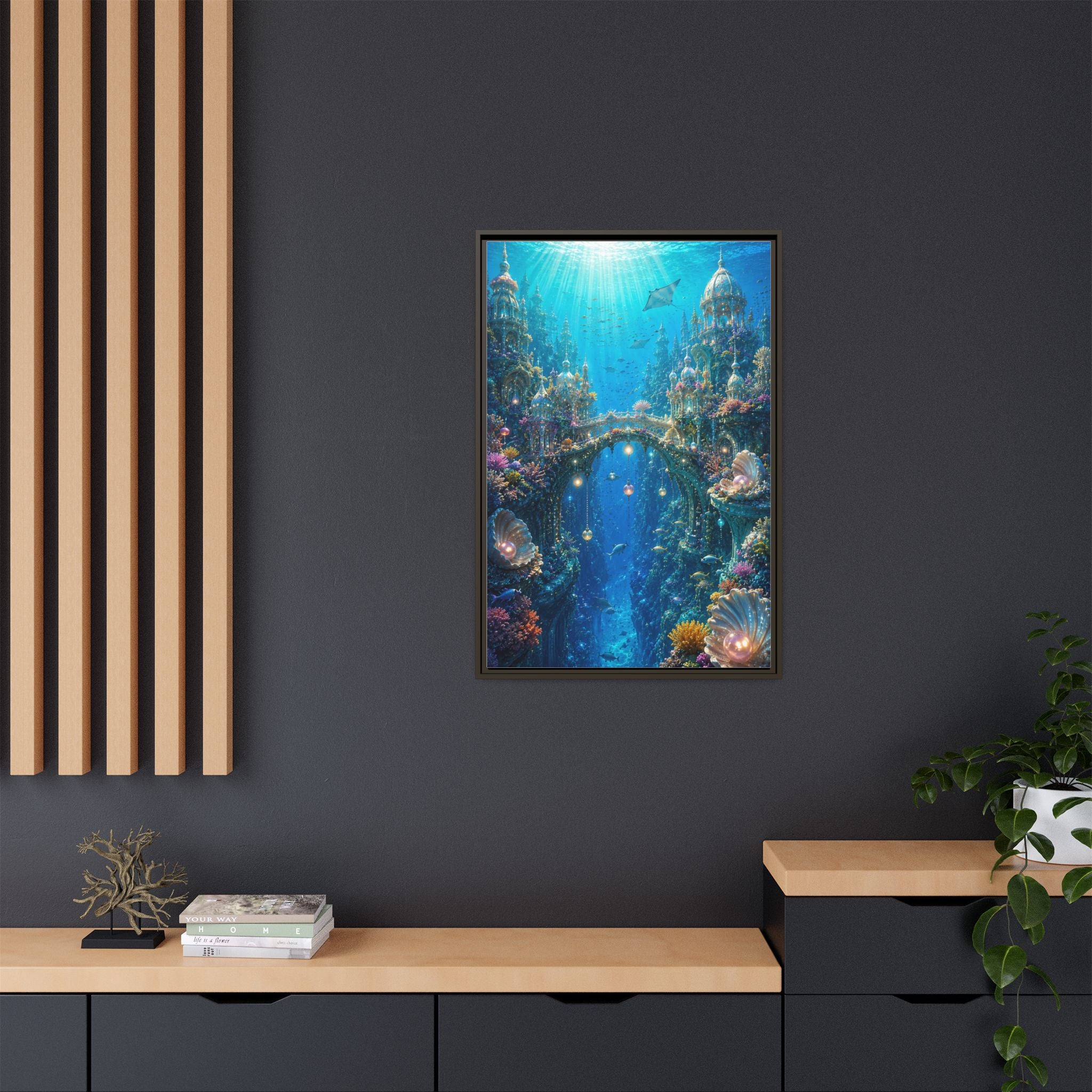 Underwater Fantasy Matte Canvas Framed Print — Ocean City Coral Reef Wall Art