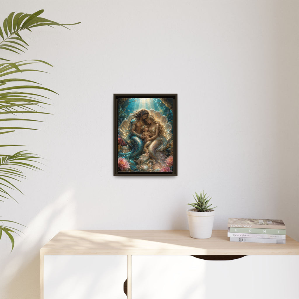 Framed Mermaid Family Art Print — Oceanic Fantasy Canvas Wall Decor