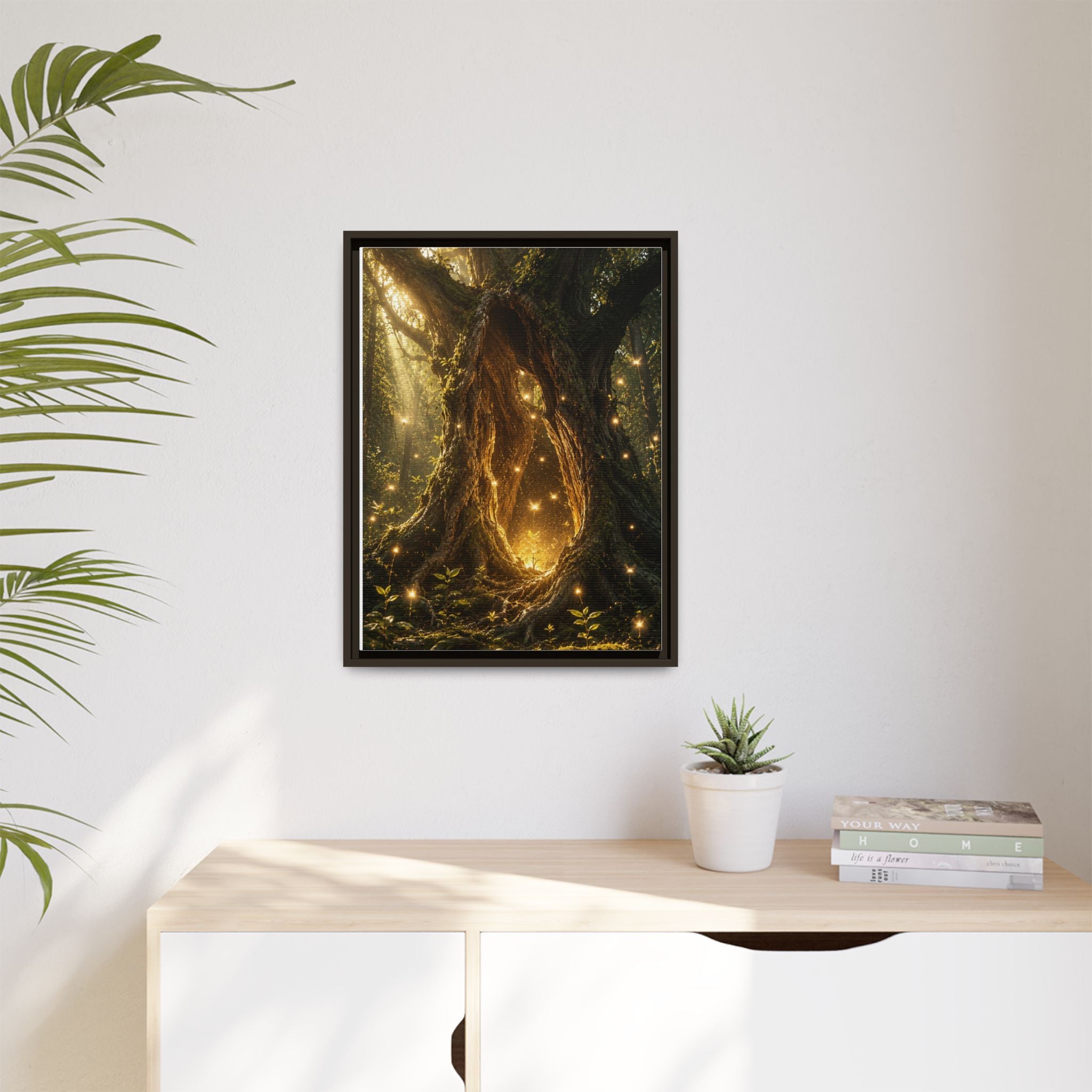 Framed Canvas Art - Enchanted Forest Tree with Glowing Fireflies