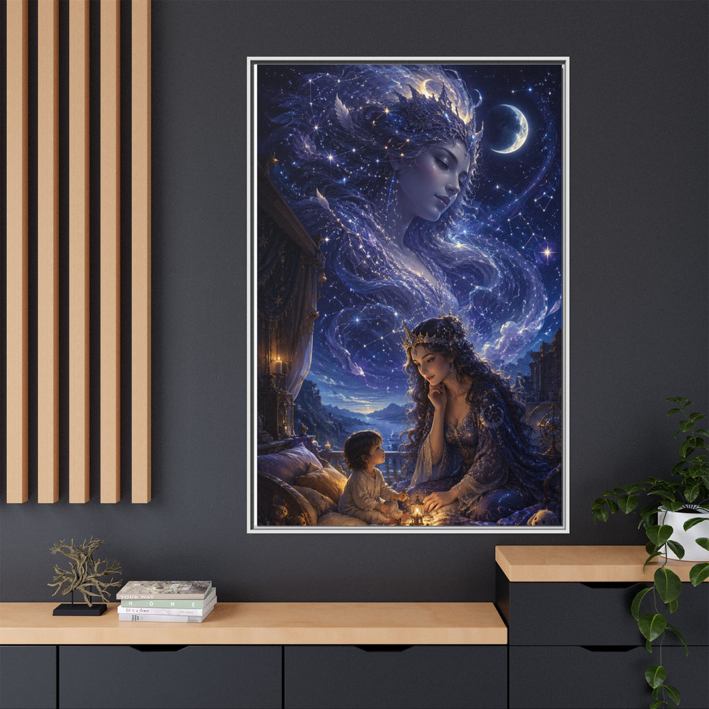 Framed Matte Canvas — Mystical Moon Mother & Child Nightscape Wall Art