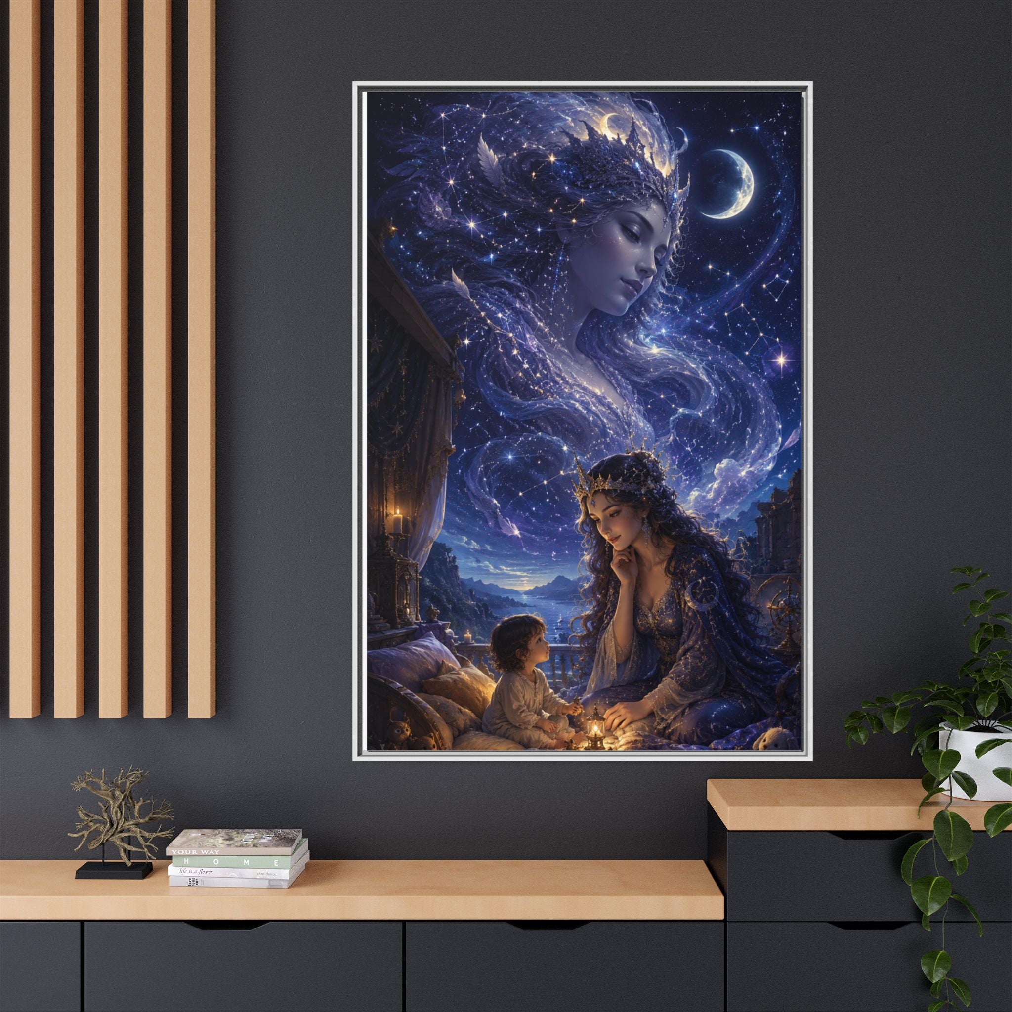 Framed Matte Canvas — Mystical Moon Mother & Child Nightscape Wall Art
