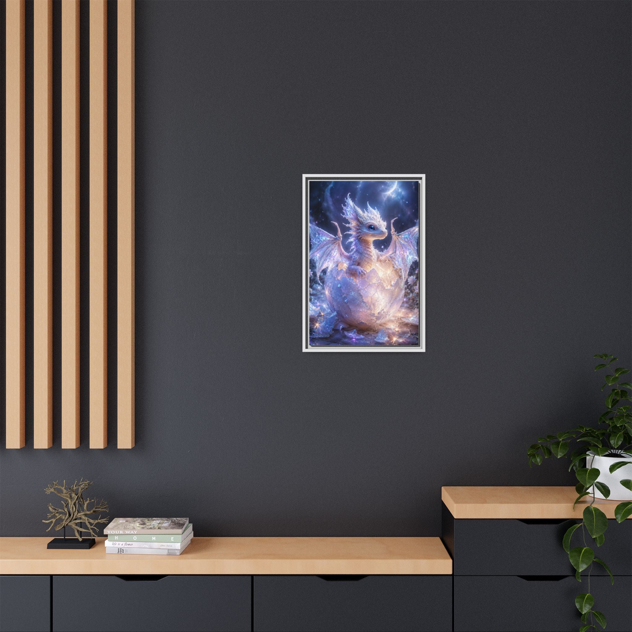Framed Fantasy Dragon Canvas Print — Mystical Baby Dragon in Cracked Egg Wall Art