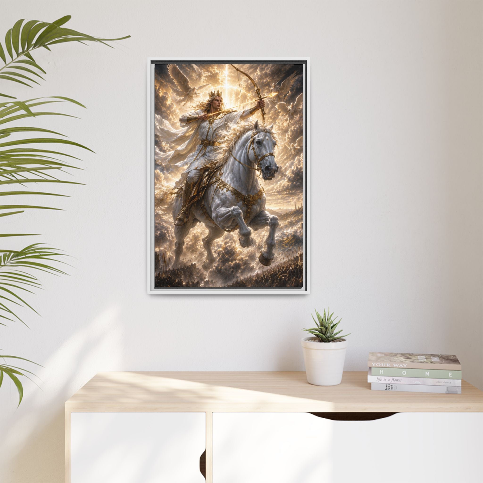 Mythic Warrior on White Steed — Framed Matte Canvas Wall Art