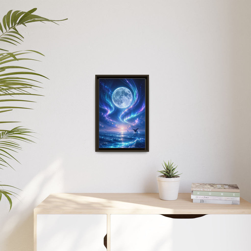 Framed Canvas Art - Lunar Aurora Ocean Scene