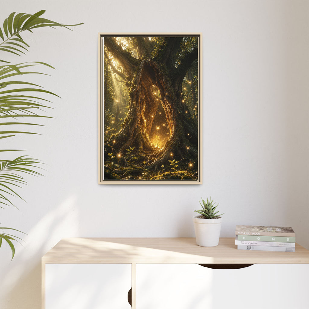 Framed Canvas Art - Enchanted Forest Tree with Glowing Fireflies