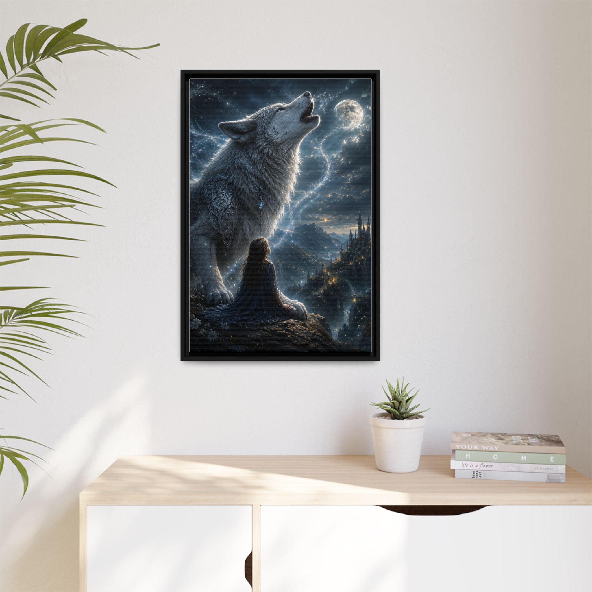 Howling Wolf Moon Matte Canvas Print — Framed Fantasy Wall Art