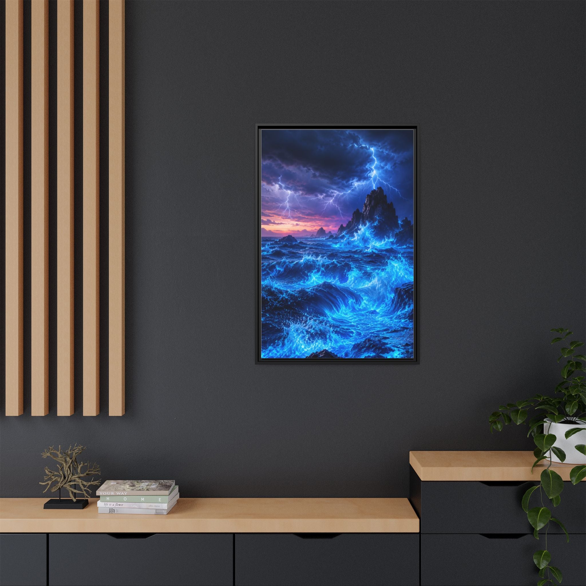 Framed Matte Canvas Art — Electric Stormy Ocean Landscape