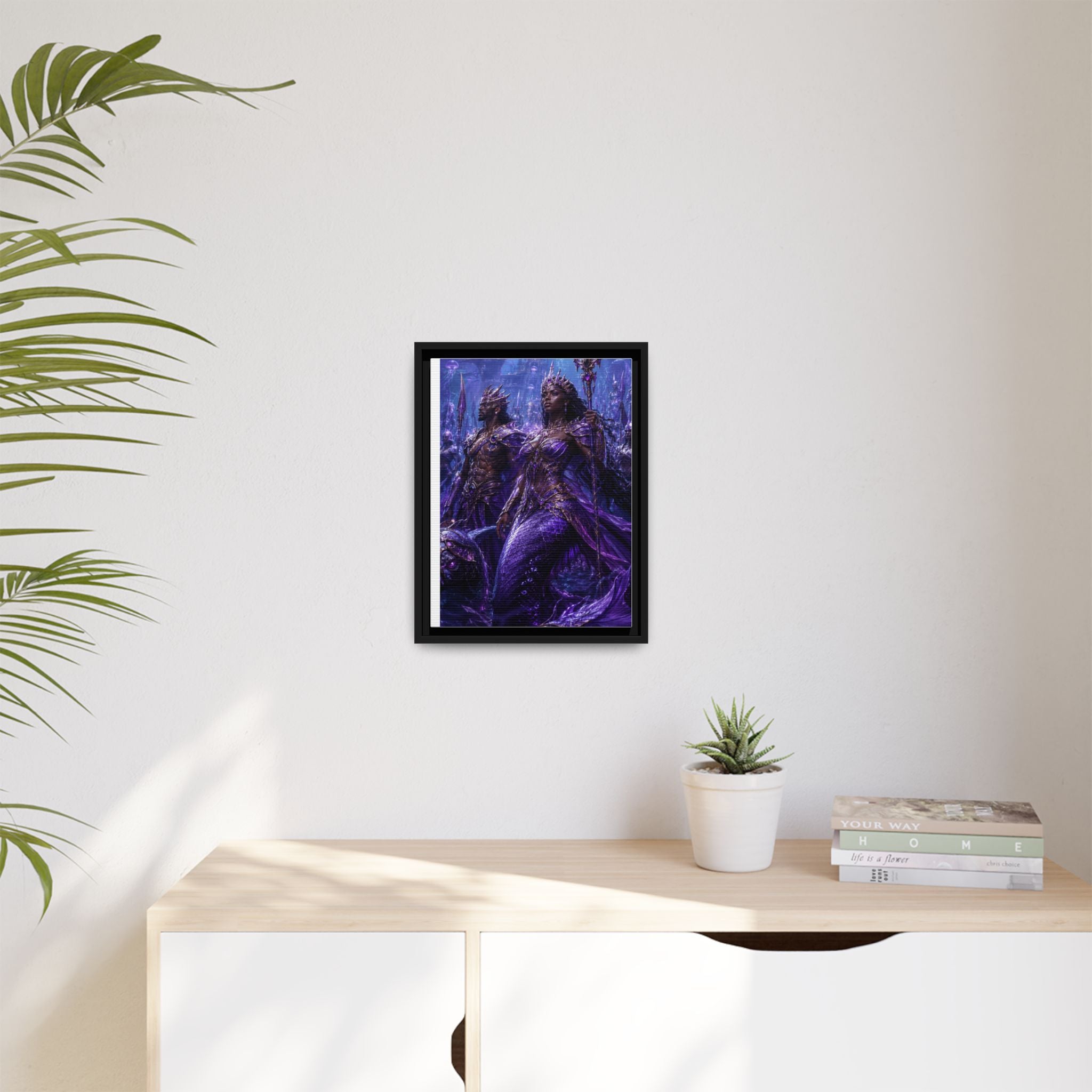 Framed Matte Canvas Print — Regal Underwater Merfolk Royalty (Purple)