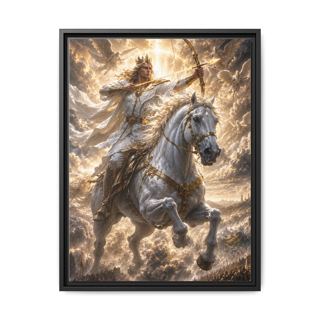 Mythic Warrior on White Steed — Framed Matte Canvas Wall Art