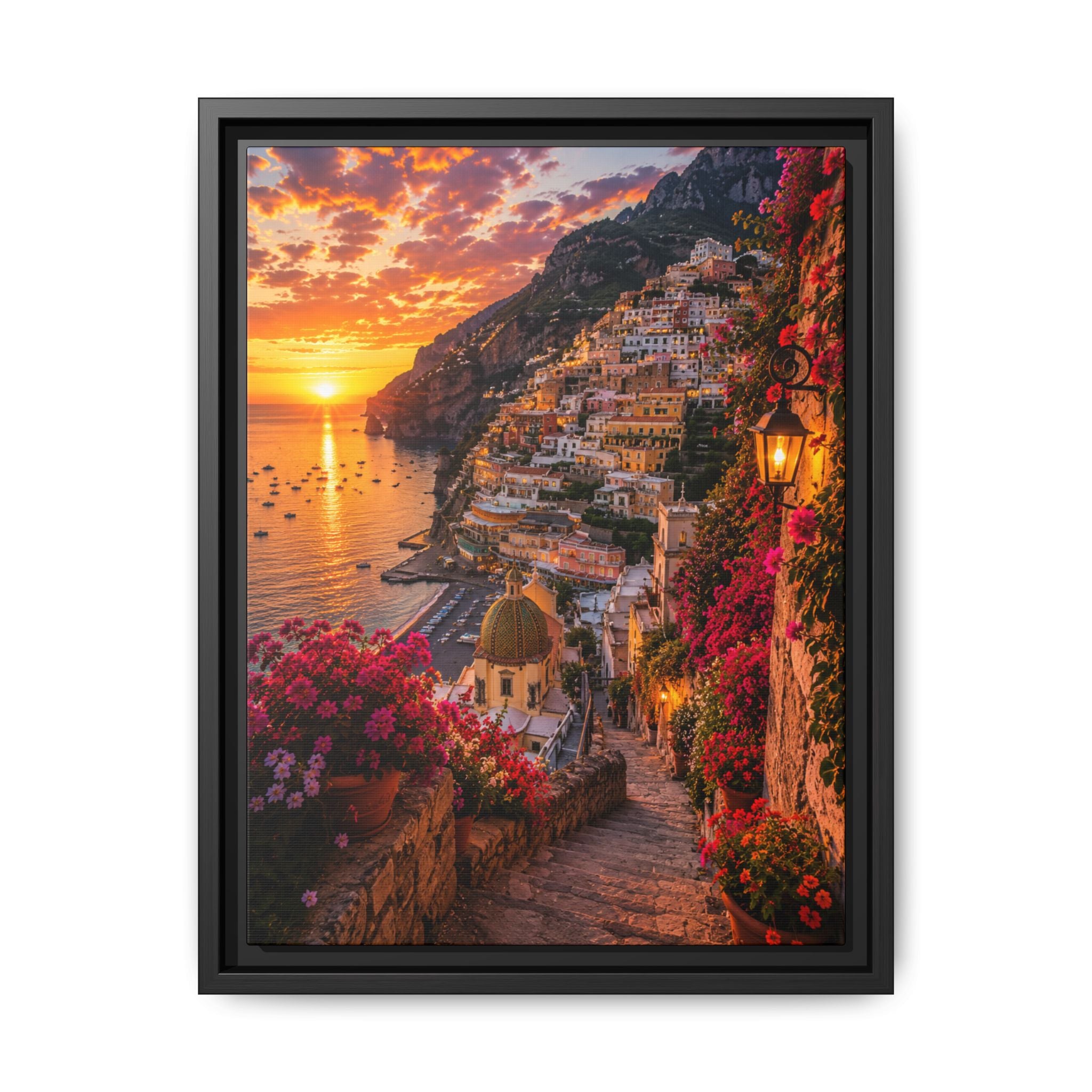 Framed Framed Canvas Print — Sunset Coastal Village Wall Art