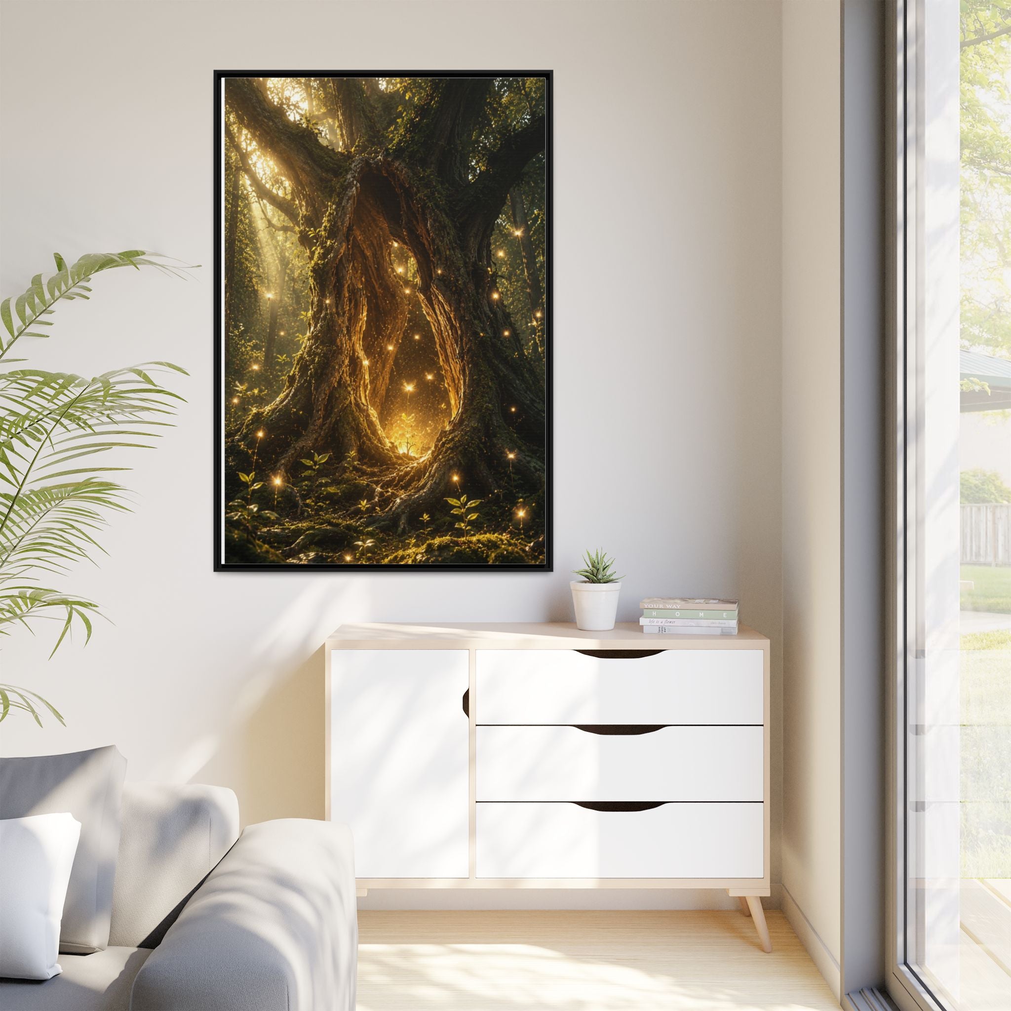 Framed Canvas Art - Enchanted Forest Tree with Glowing Fireflies