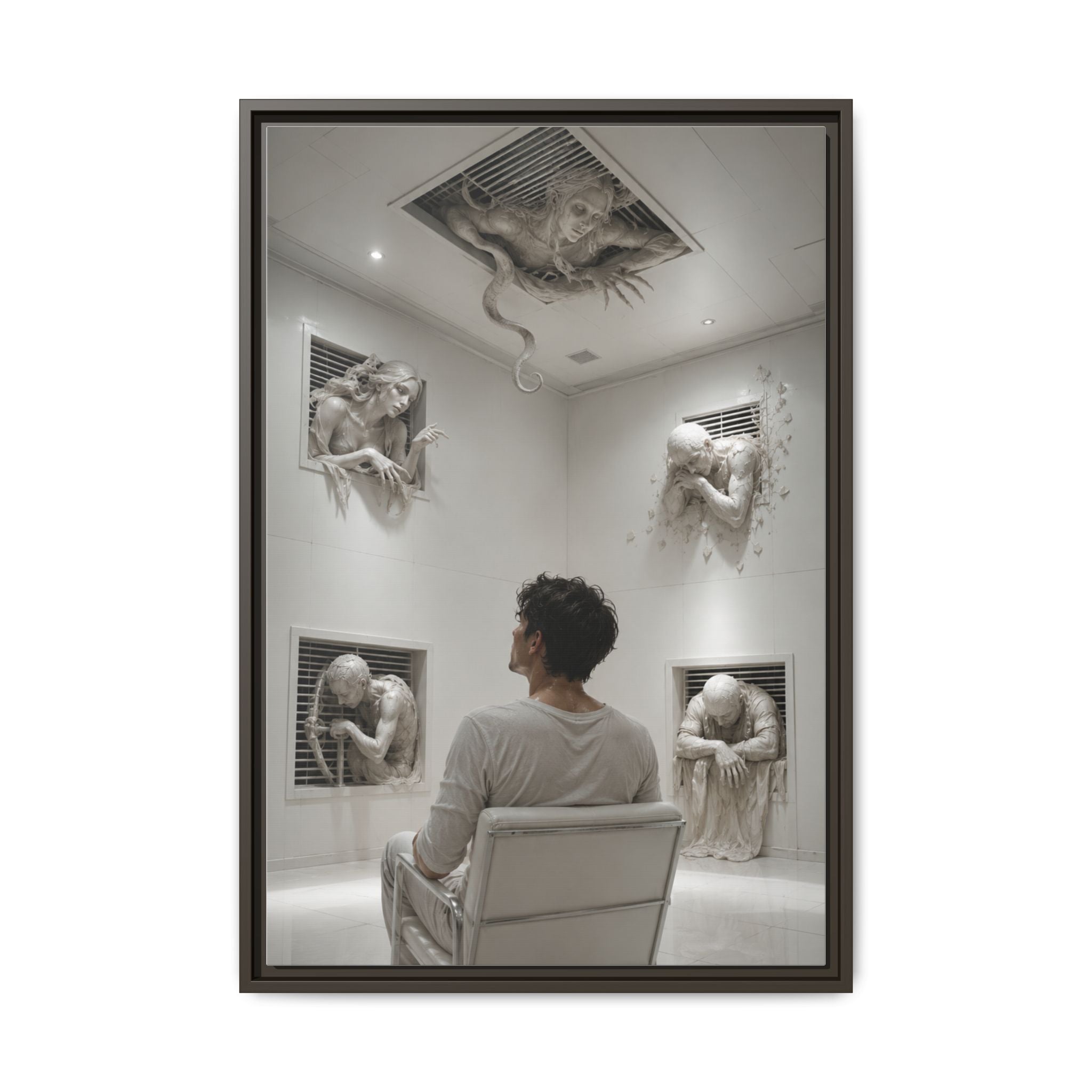 Surreal Wall Art Canvas — Man in Gallery with Sculpted Figures, Framed Matte Print