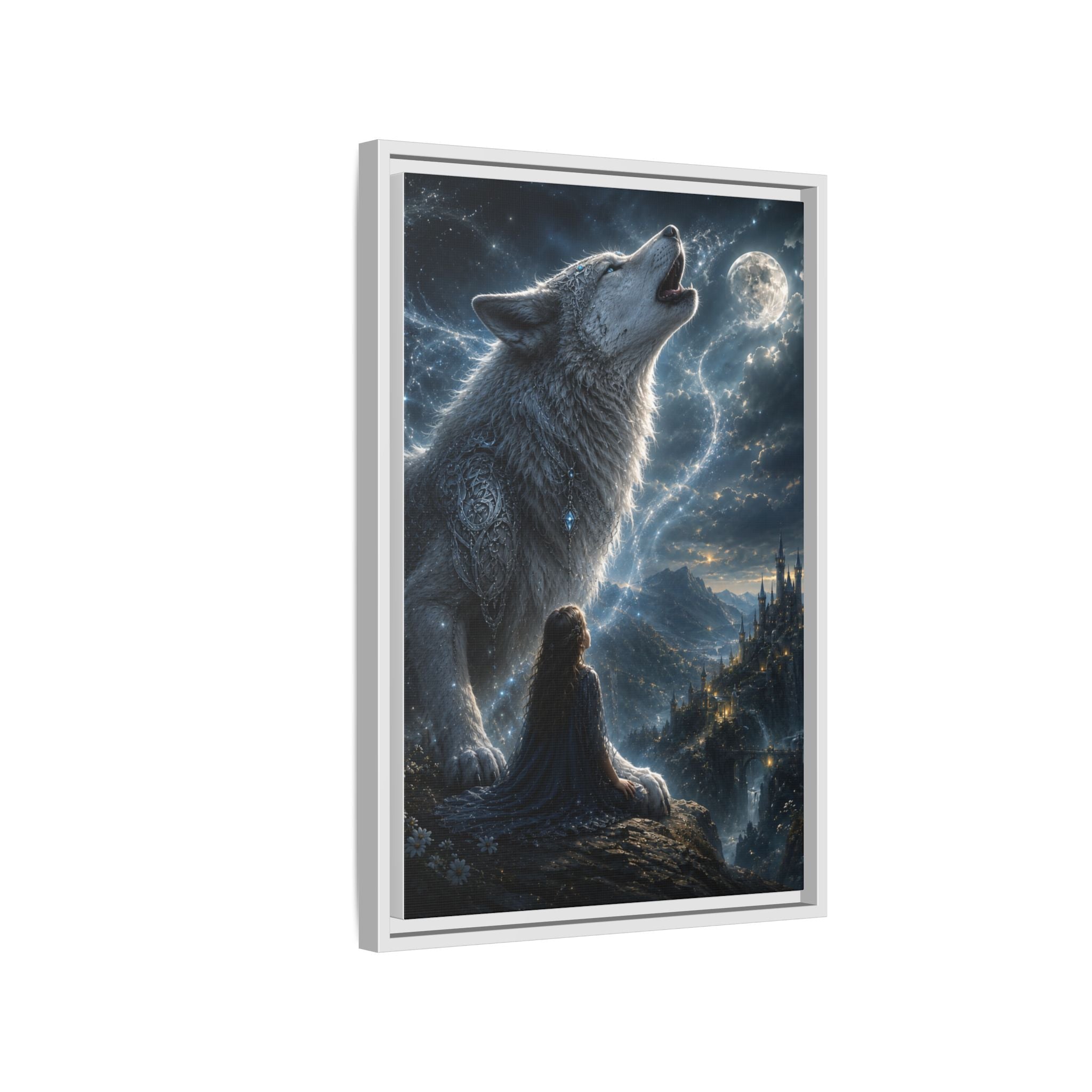 Howling Wolf Moon Matte Canvas Print — Framed Fantasy Wall Art